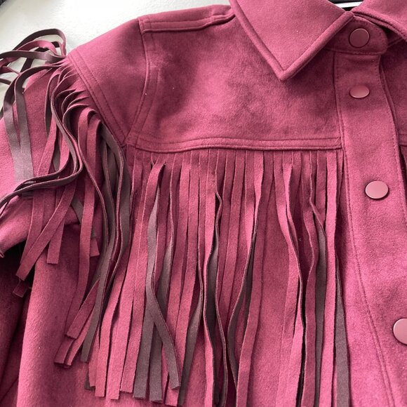 DG2 by Diane Gilman Car Coat Size Medium Faux Suede Fringe Long Sleeve Wine NEW - Picture 7 of 10